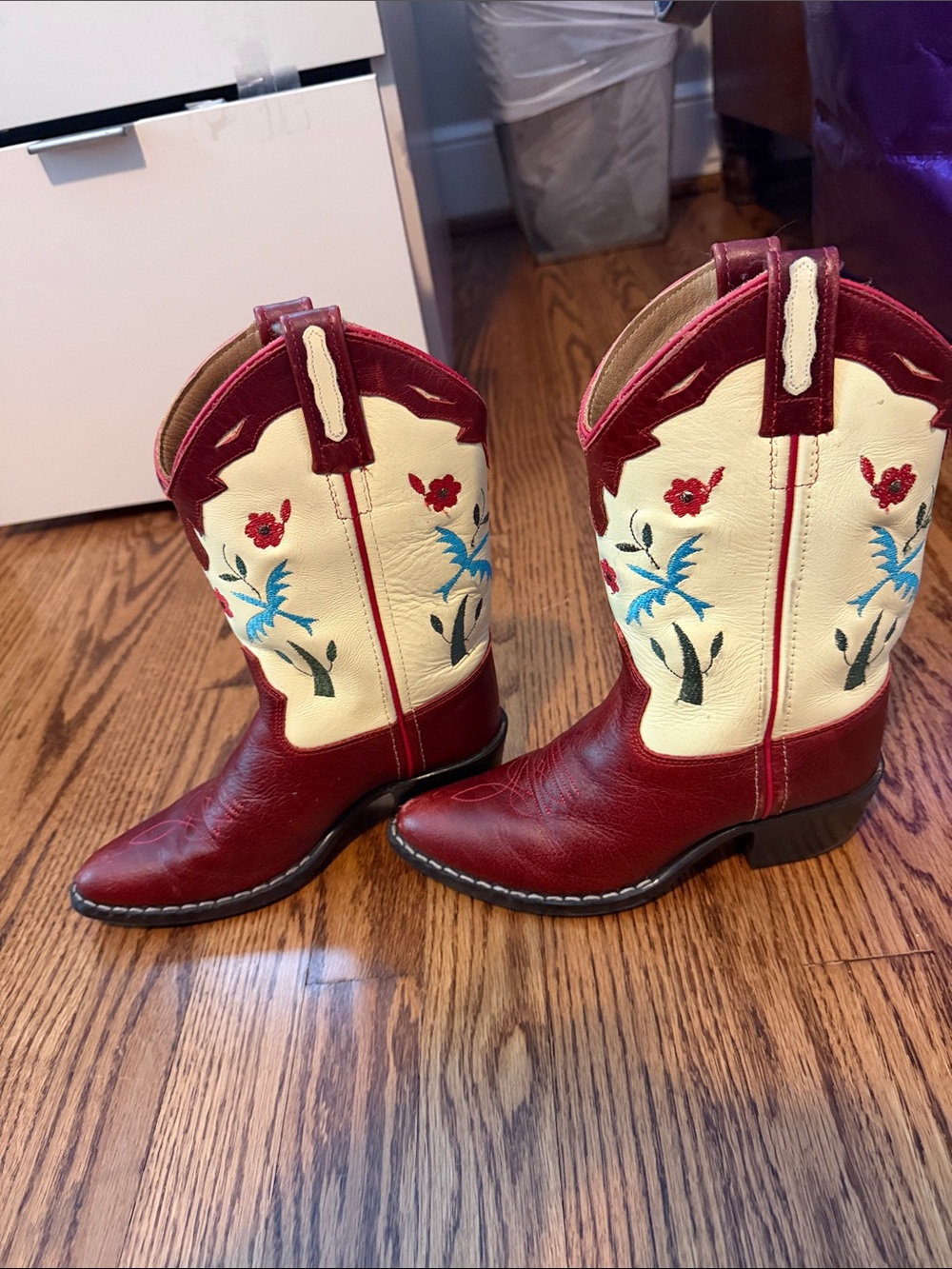 Kids Red and Cream Embroidered Western Boots